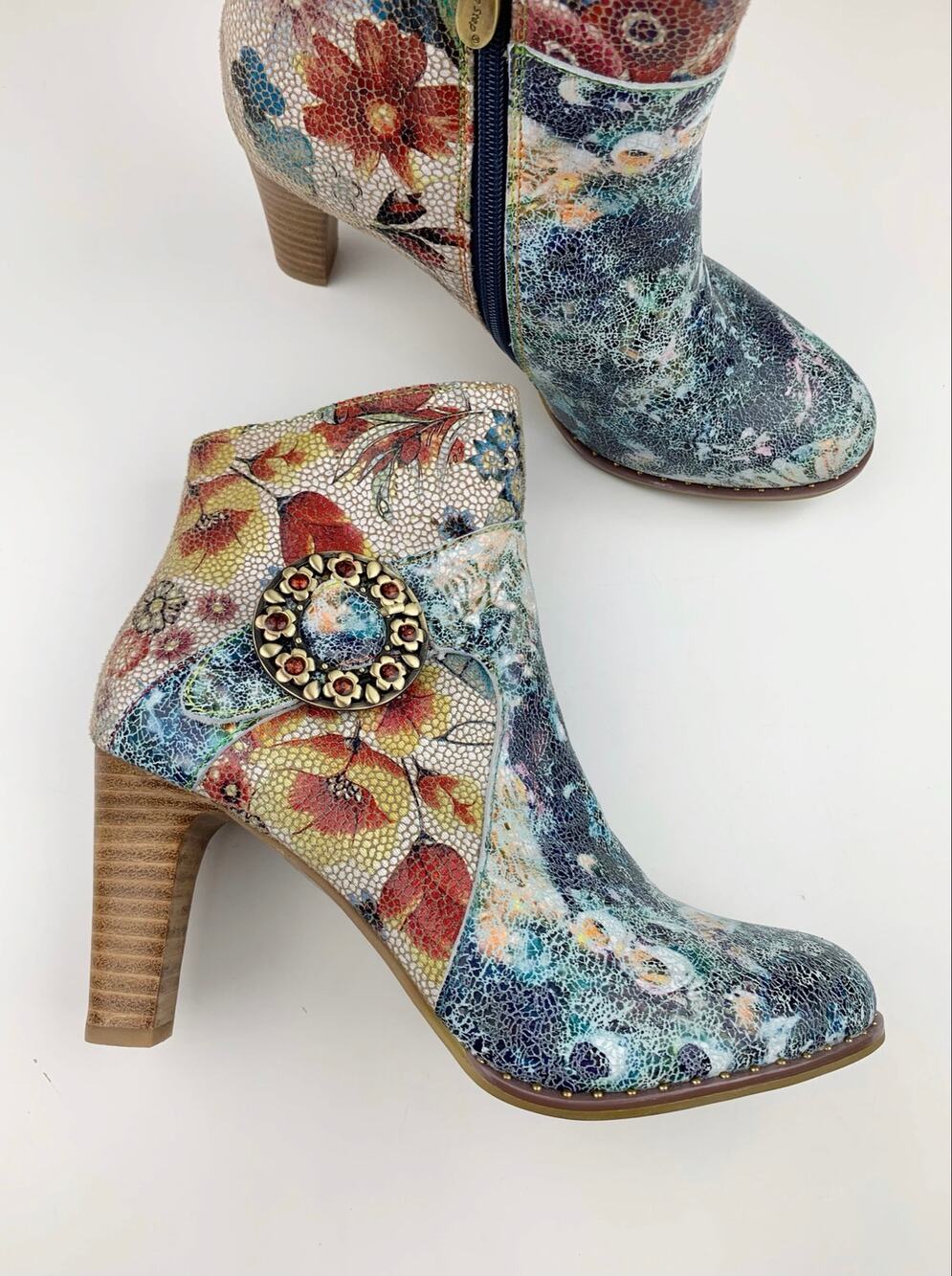 Spring Step L'Artiste Heeled Ankle Boots Floral Leather Art Women's 39 US 8.5